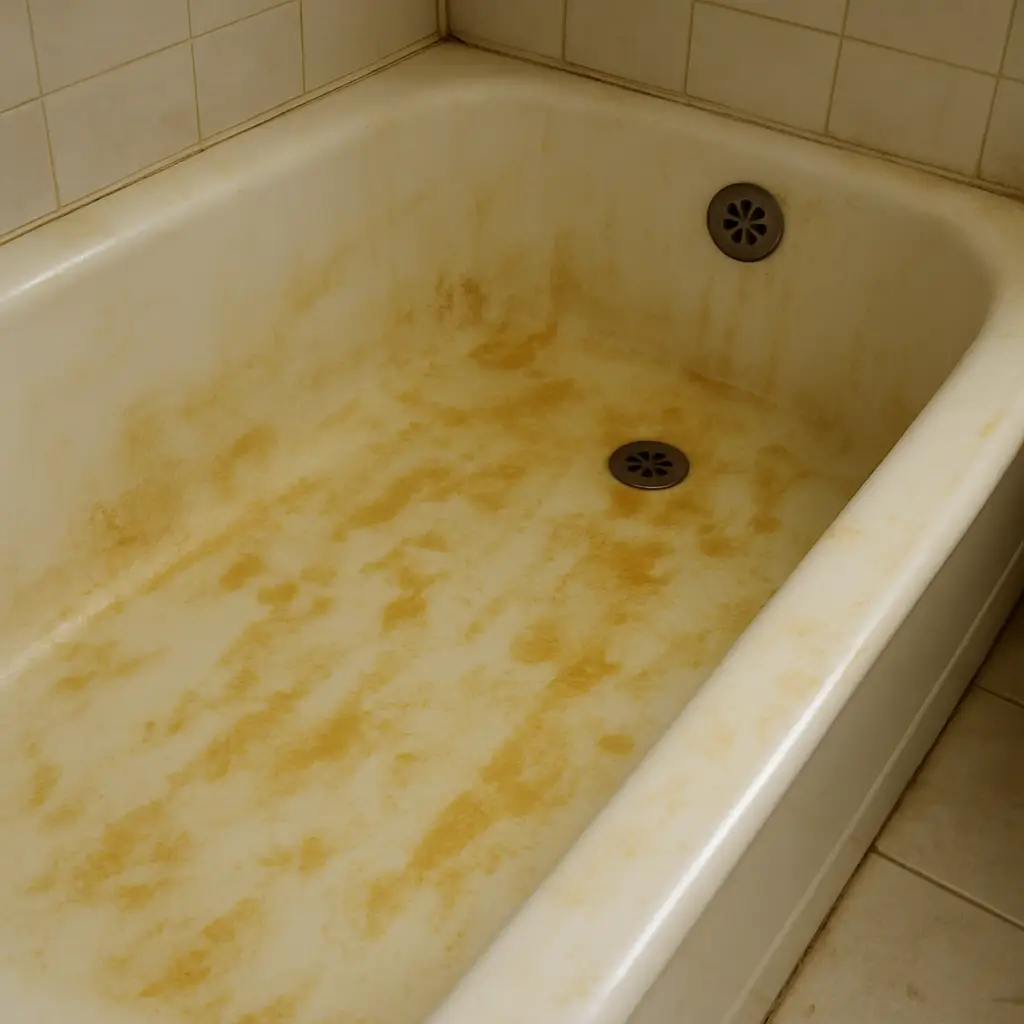 Bathtub with yellow stains